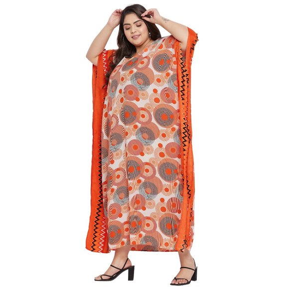 Women Plus Size Fit and Flare Floral Printed Orange Kaftan Dress by Gypsie Blu - Picture 6 of 9